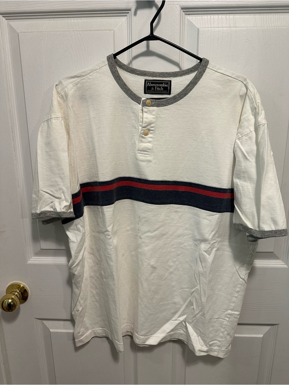 Vintage Abercrombie & Fitch White Henley Tee with Navy and Red Stripe